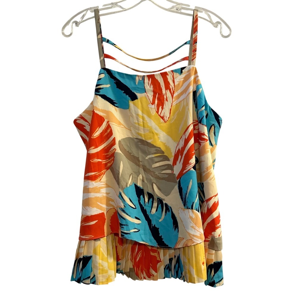 Laundry by Shelli Segal Tropical Leaf Print Cami Top Size M Pleated Hem